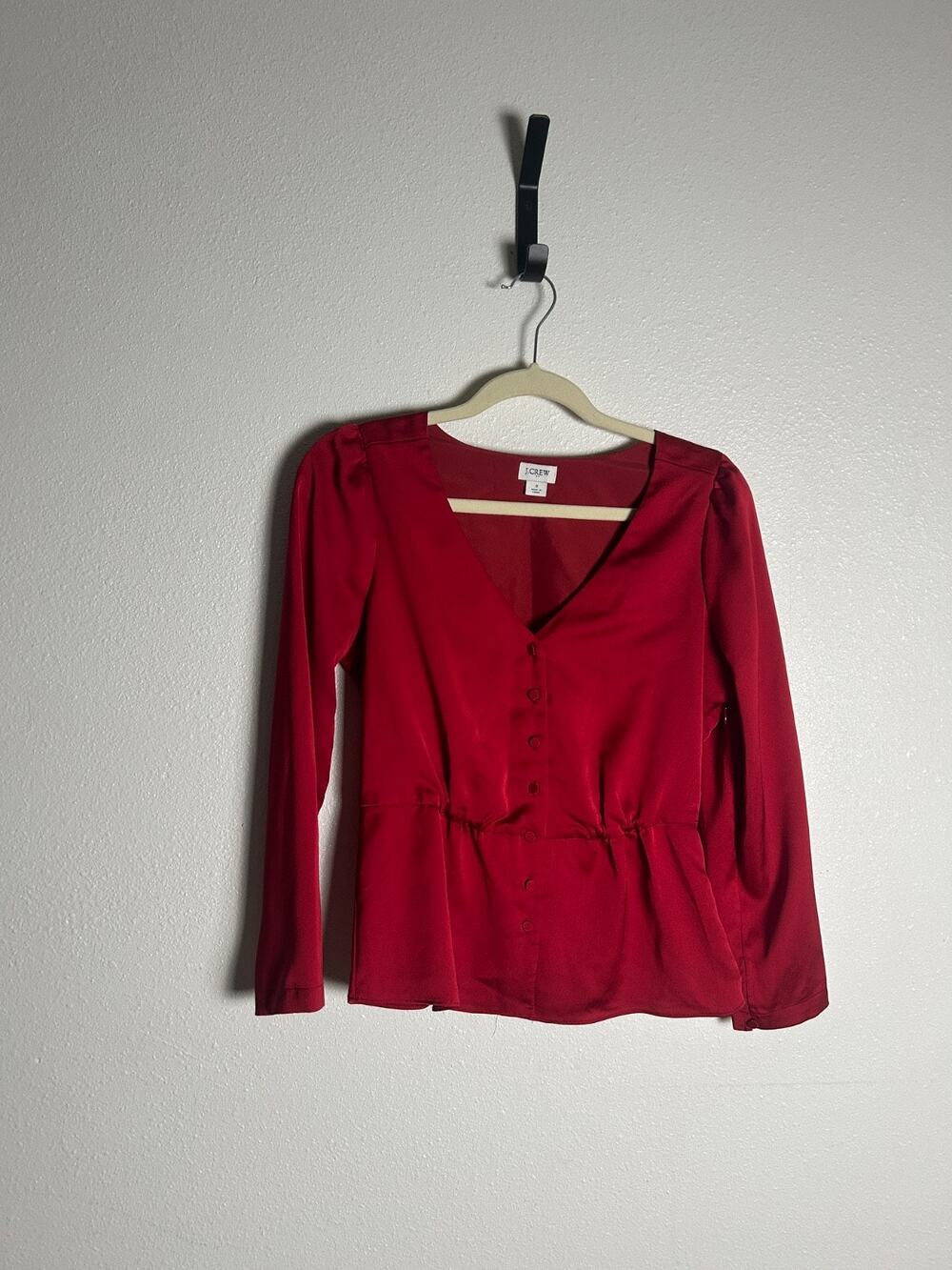 J.Crew Factory Red Button Down Satin Back Peplum Blouse Size 2